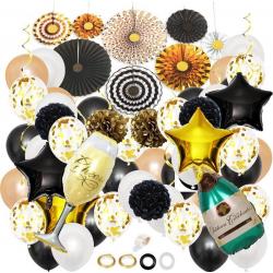 Joya Beauty® Goud, Zwart & Wit Decoratie Feestpakket XL met Papieren Confetti Ballonnen | Champagne Fles & Glas Ballon | Happy Birthday | Helium Ballon | Geslaagd